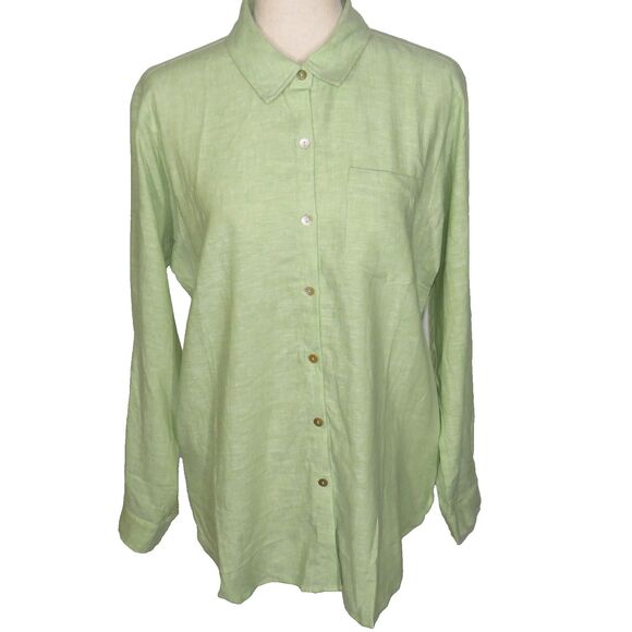 Susan Graver Linen Blend Oversized Fit Button Up Tunic Shirt Pale Green Size XS - Picture 4 of 11